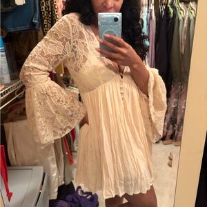 Free People Cream Lace Long Sleeve Dress
